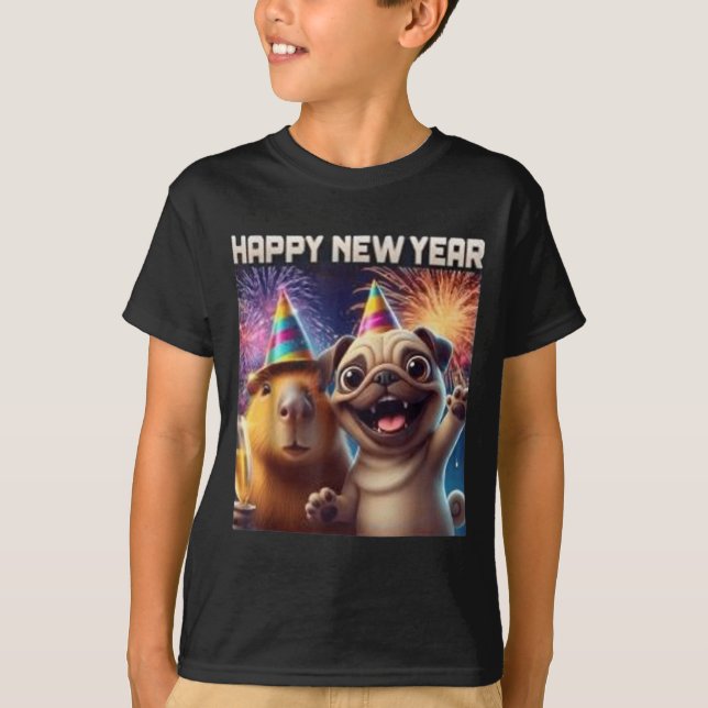 Camiseta Happy New Year 2026 Capybara Pug Party Art  (Anverso)