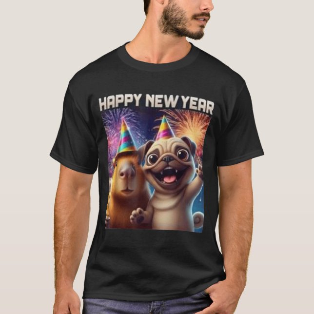 Camiseta Happy New Year 2026 Capybara Pug Party Art  (Anverso)