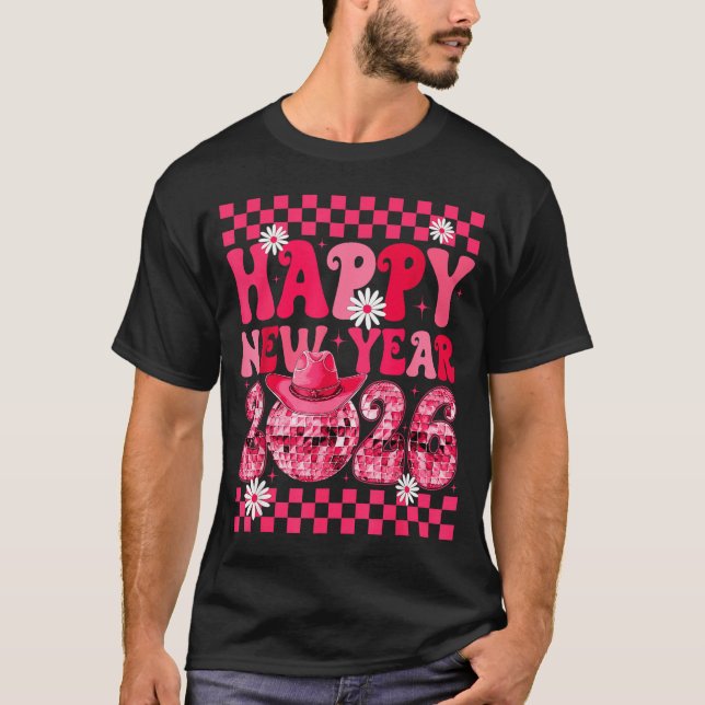 Camiseta Happy New Year 2026 Cowgirl Cowboy Disco Ball Girl (Anverso)