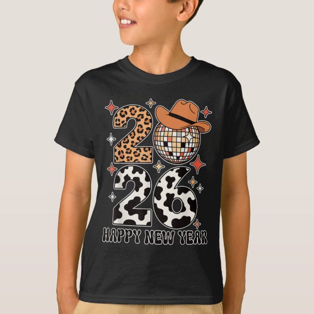 Camiseta Happy New Year 2026 Cowgirl Disco Ball Western Leo (Anverso)