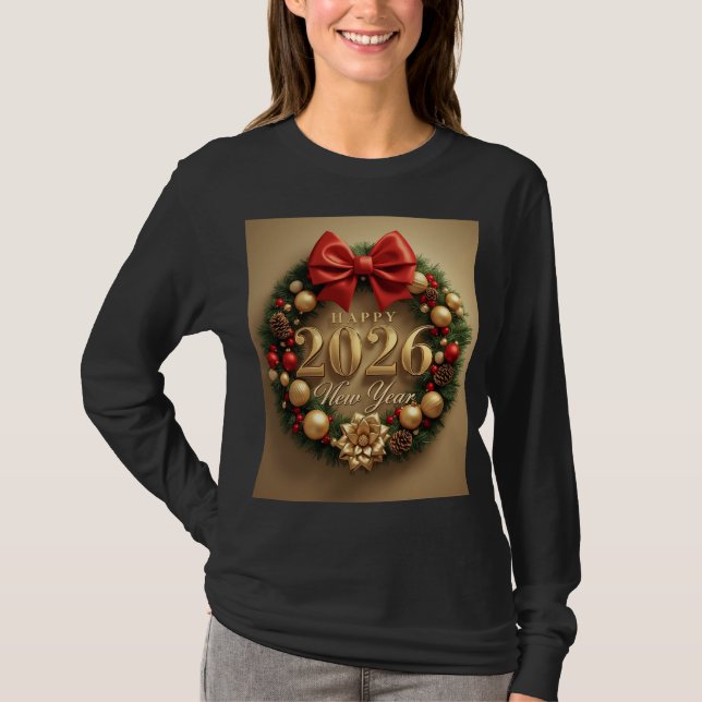 Camiseta happy new year 2026 cozy wreath long sleeve (Anverso)