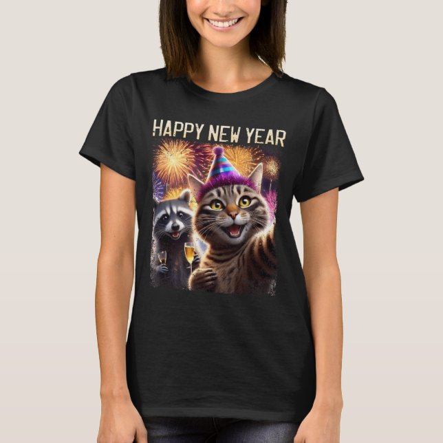Camiseta Happy New Year 2026 Cute Cat Raccoon Celebration  (Anverso)