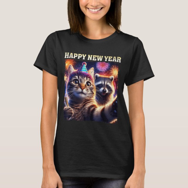 Camiseta Happy New Year 2026 Cute Cat Raccoon Celebration  (Anverso)