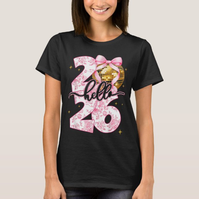 Camiseta Happy New Year 2026 Disco Ball Bow New Year's Eve  (Anverso)