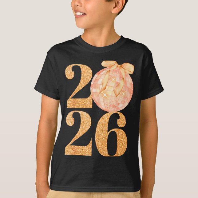 Camiseta Happy New Year 2026 Disco Ball Coquette Bow New Ye (Anverso)