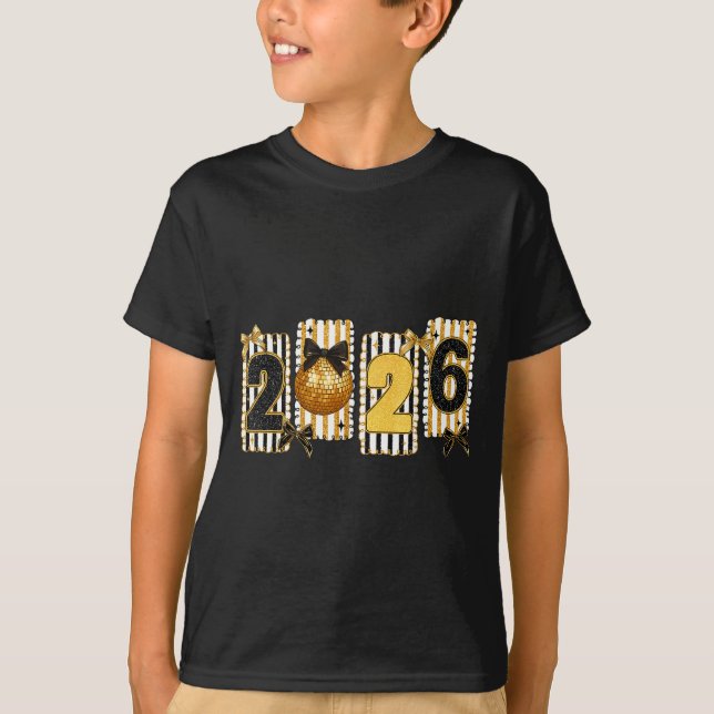 Camiseta Happy New Year 2026 Disco Ball Gold Coquette Bow F (Anverso)