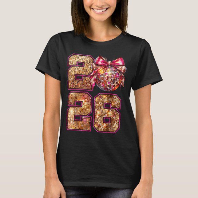 Camiseta Happy New Year 2026 Disco Ball Nk Coquette Bow Fam (Anverso)