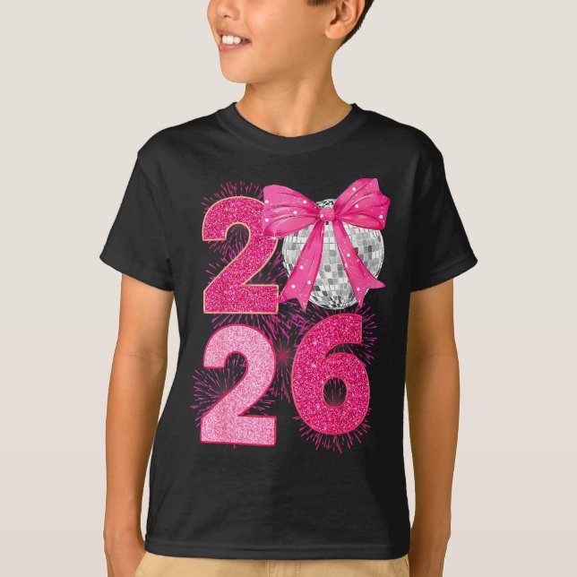 Camiseta Happy New Year 2026 Disco Ball Nk Coquette Bow Fam (Anverso)