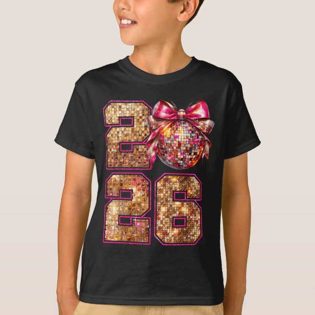Camiseta Happy New Year 2026 Disco Ball Nk Coquette Bow Fam (Anverso)