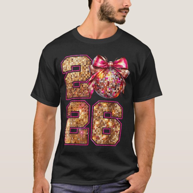 Camiseta Happy New Year 2026 Disco Ball Nk Coquette Bow Fam (Anverso)