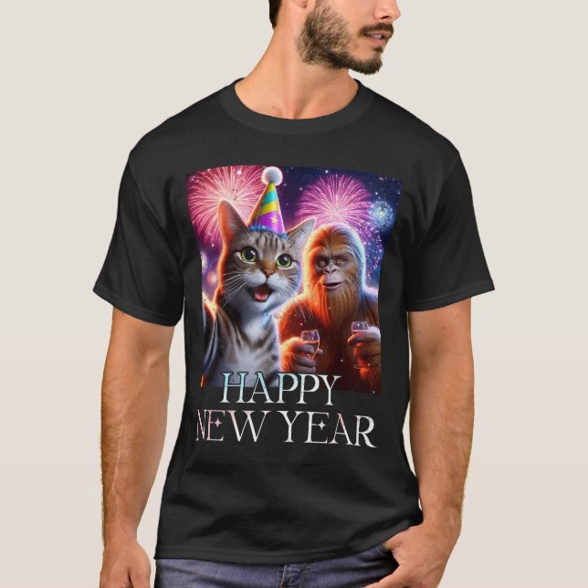 Camiseta Happy New Year 2026 Funny Cat Bigfoot Party Art  (Anverso)