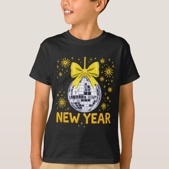 Camiseta Happy New Year 2026 Golden Disco Ball Bow New Year (Anverso)
