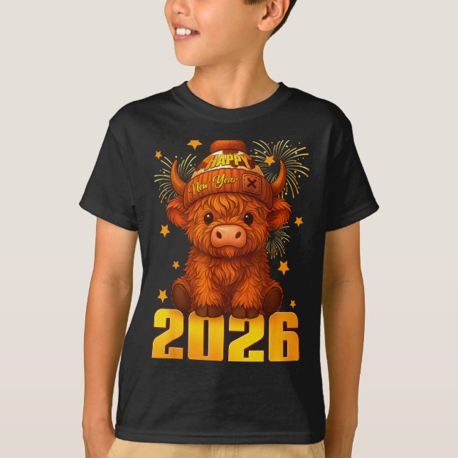 Camiseta Happy New Year 2026 Highland Cow &amp; Party Hat N (Anverso)