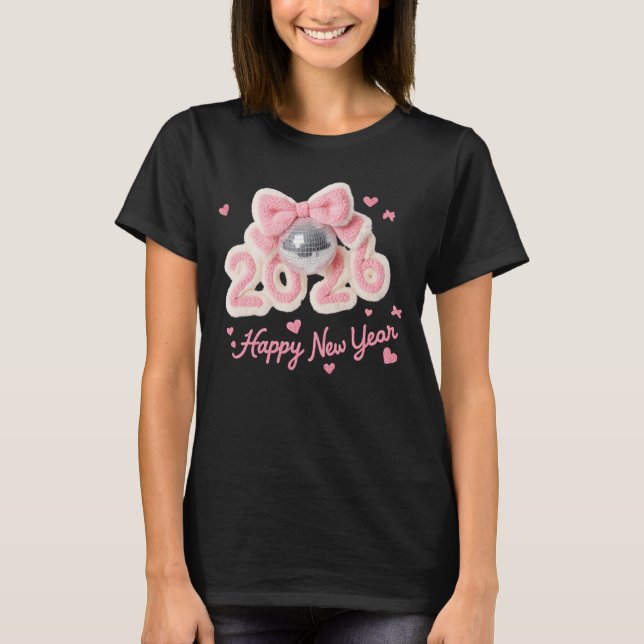 Camiseta Happy New Year 2026 Pink Fuzzy Disco Ball Tee (Anverso)