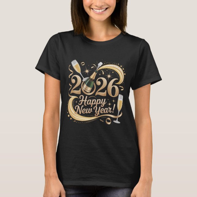 Camiseta Happy New Year 2026 Shirt Champagne Popping NYE Ev (Anverso)