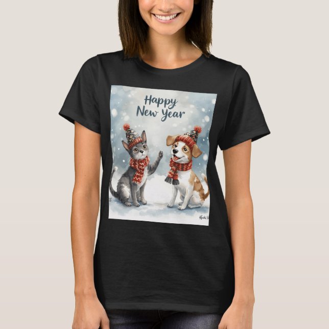 Camiseta Happy New Year – Cute Animals in Festive Hats & Sc (Anverso)