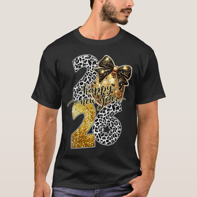 Camiseta Happy New Year Cute Gold Disco Ball Bow New Year's (Anverso)