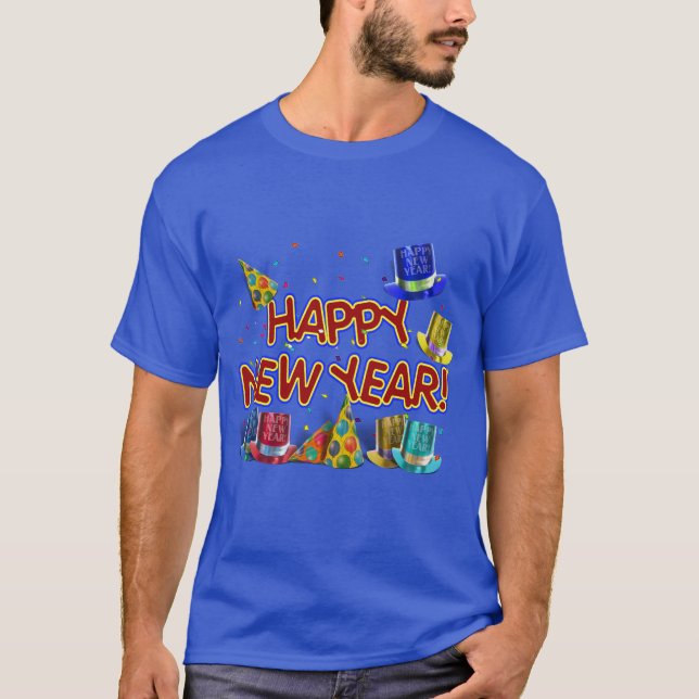 Camiseta Happy New Years Text w/Party Hats & Confetti (Anverso)