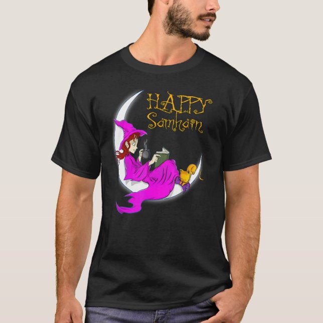 Camiseta Happy Samhain Purple Witch Books Coffee Cats Moon (Anverso)