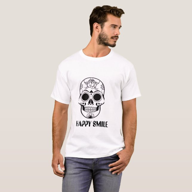 Camiseta Happy Smile Skull – Stylish Floral Skull T-Shirt  (Anverso completo)