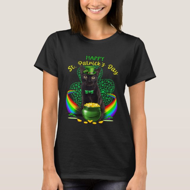 Camiseta Happy St Patricks Day Black Cat Leprechaun Hat Sha (Anverso)
