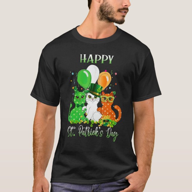 Camiseta Happy St Patrick's Day Cats Ireland Flag Shamrock  (Anverso)