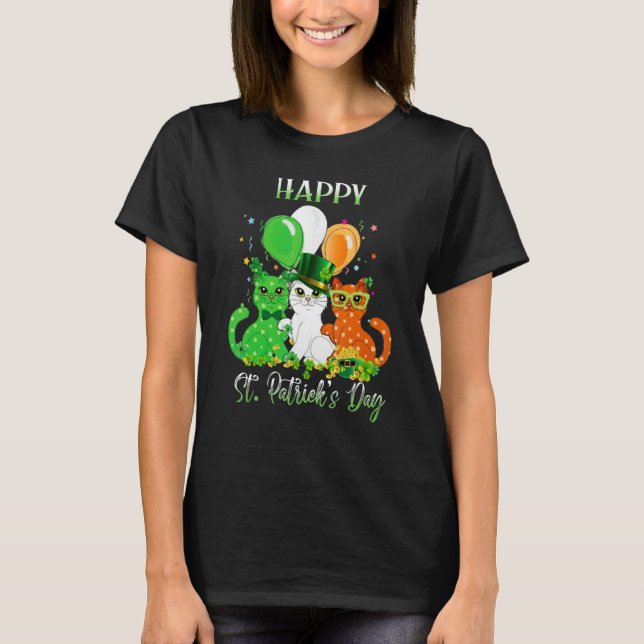 Camiseta Happy St Patrick's Day Cats Ireland Flag Shamrock  (Anverso)