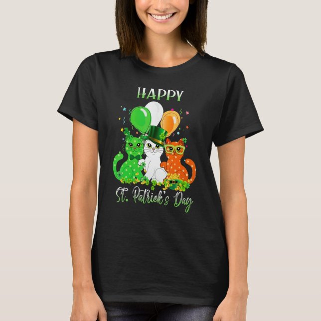 Camiseta Happy St Patrick's Day Cats Ireland Flag Shamrock  (Anverso)