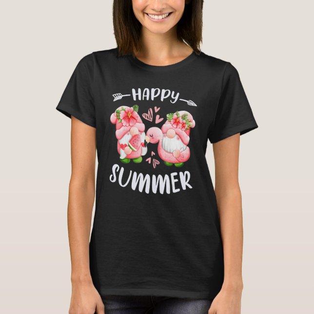 Camiseta Happy summer pink gnomes with flamingo swim ring (Anverso)