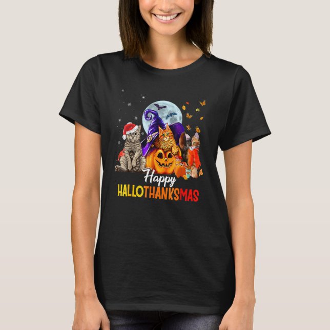 Camiseta Happy Thanksgiving Cat Happy Hallothanksmas Cute C (Anverso)