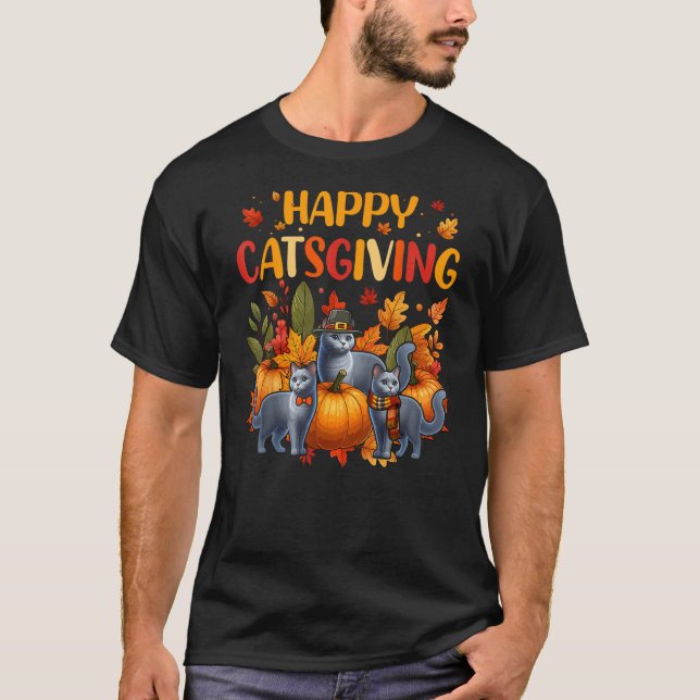 Camiseta Happy Thanksgiving Cat Three Cute Russian Blue Cat (Anverso)