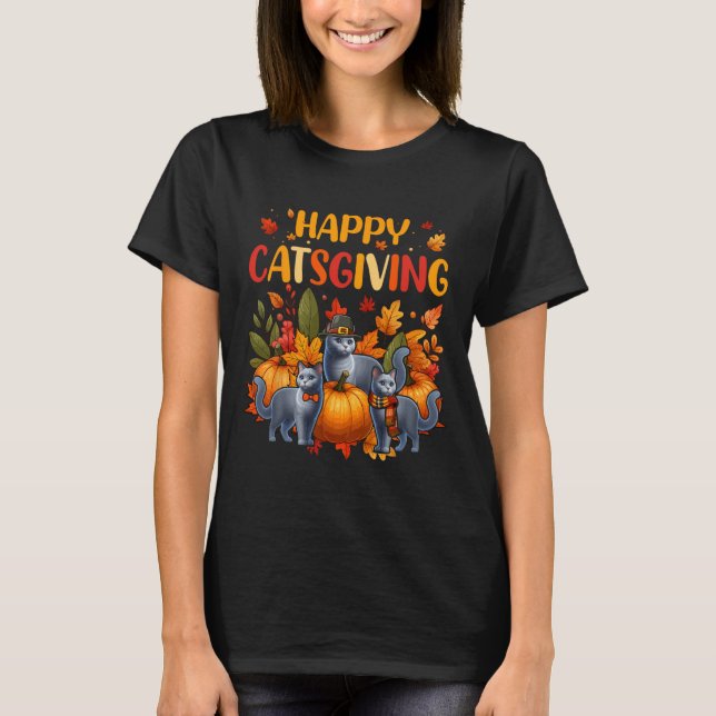 Camiseta Happy Thanksgiving Cat Three Cute Russian Blue Cat (Anverso)