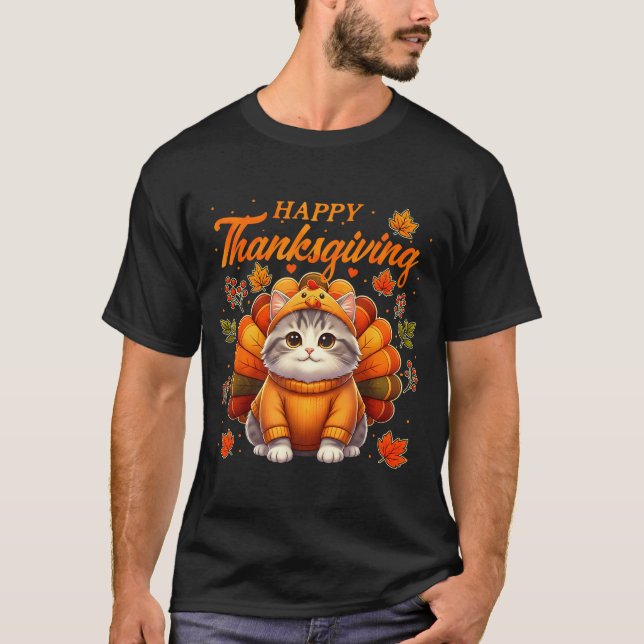 Camiseta Happy Thanksgiving Cat Turkey Day Autumn Fall Men  (Anverso)