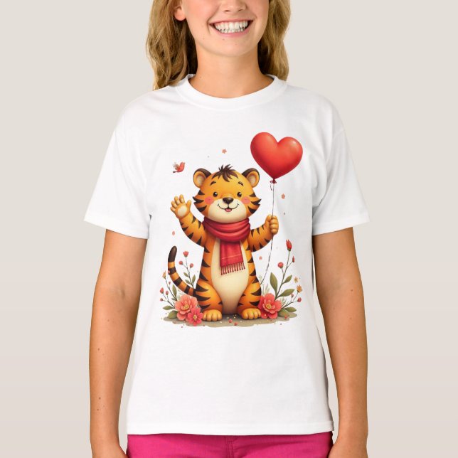 Camiseta Happy Tiger Holding A Heart Balloon (Anverso)