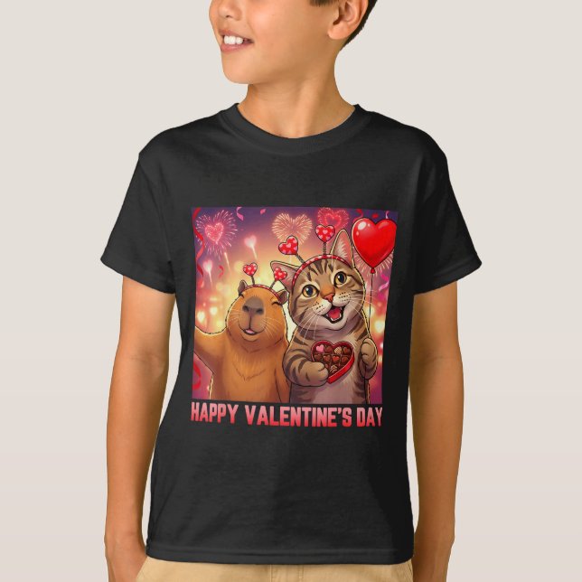 Camiseta Happy Valentines 2026 Cute Cat Capybara Party Art  (Anverso)