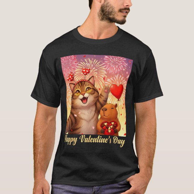 Camiseta Happy Valentines 2026 Cute Cat Capybara Party Art  (Anverso)