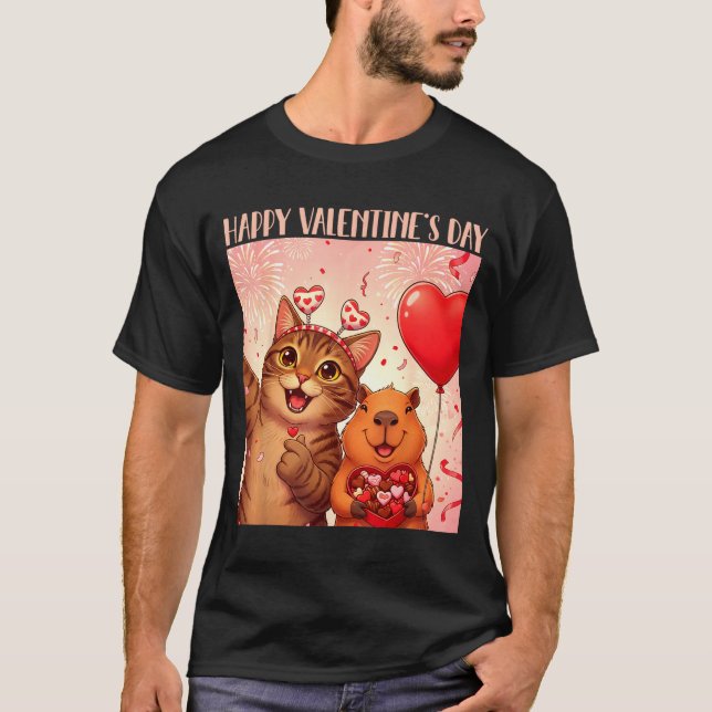 Camiseta Happy Valentines 2026 Cute Cat Capybara Party Art  (Anverso)