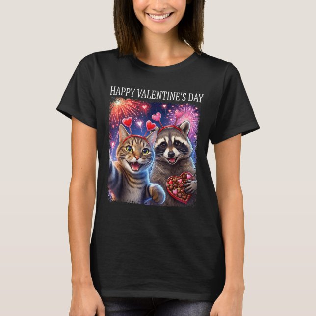 Camiseta Happy Valentines 2026 Cute Cat Raccoon Party Art  (Anverso)