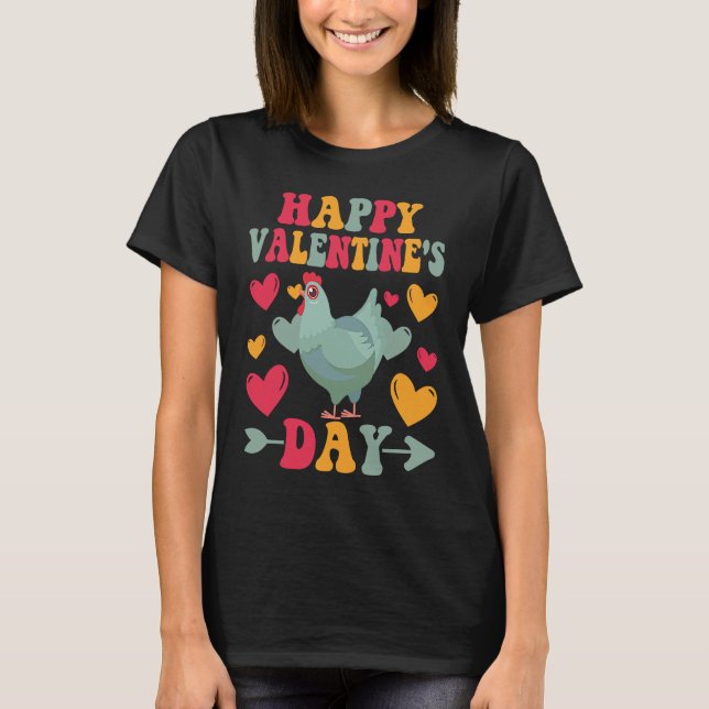 Camiseta Happy Valentines Day Chickens Heart Love Groovy (Anverso)