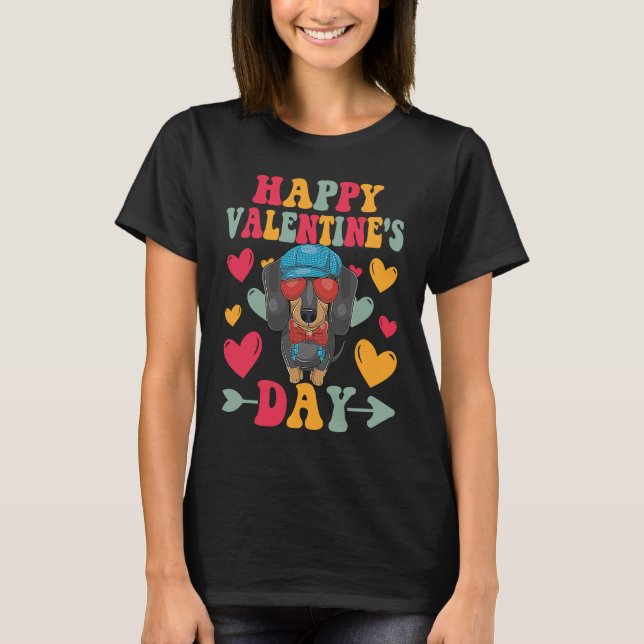 Camiseta Happy Valentines Day Dachshund Heart Love Groovy (Anverso)