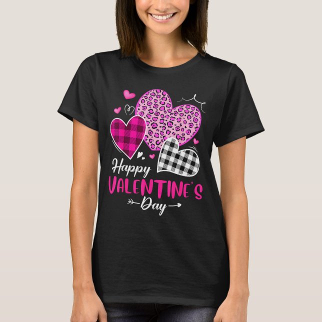 Camiseta Happy Valentine's Day Leopard And Plaid Hearts Gir (Anverso)