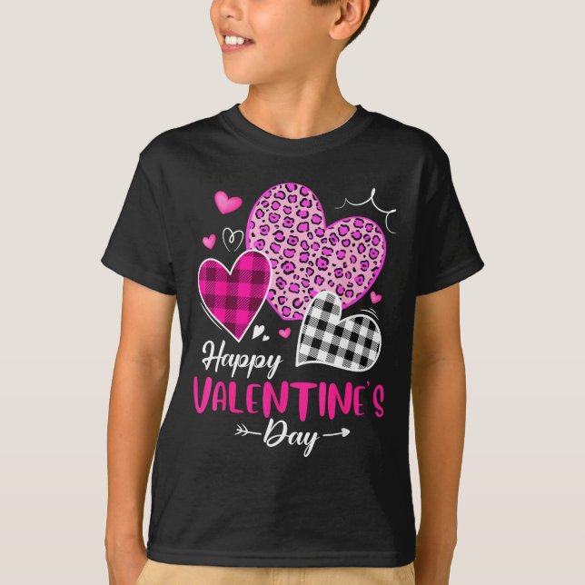 Camiseta Happy Valentine's Day Leopard And Plaid Hearts Gir (Anverso)