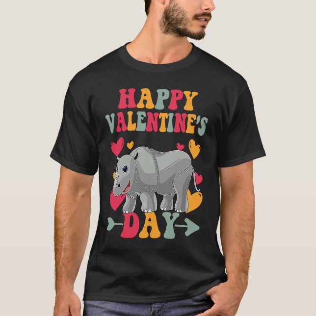 Camiseta Happy Valentines Day Rhinocero Heart Love Groovy (Anverso)
