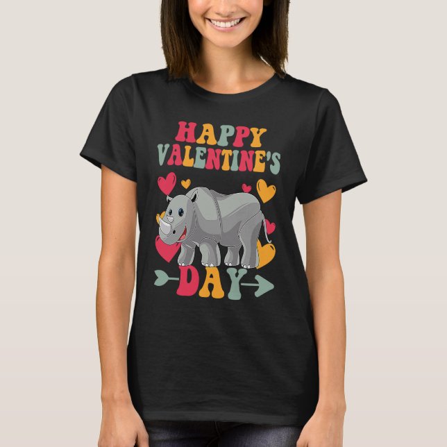 Camiseta Happy Valentines Day Rhinocero Heart Love Groovy (Anverso)
