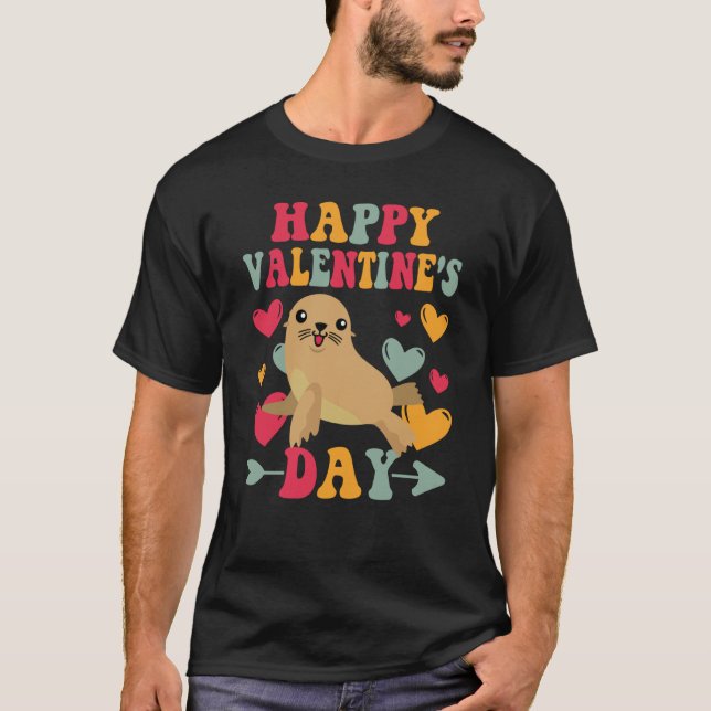 Camiseta Happy Valentines Day Sea Lion Heart Love Groovy (Anverso)