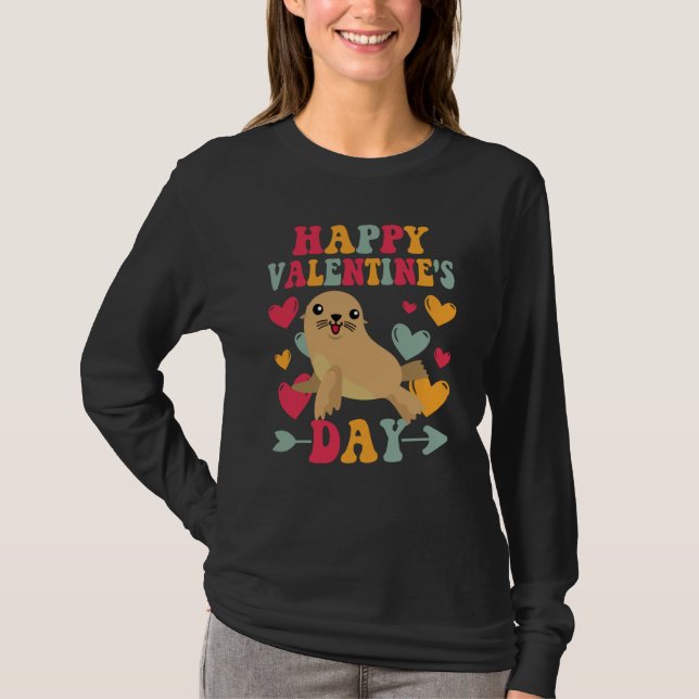 Camiseta Happy Valentines Day Sea Lion Heart Love Groovy (Anverso)