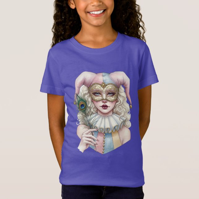 Camiseta Harlequin en una máscara con una pluma de pavo rea (Anverso)