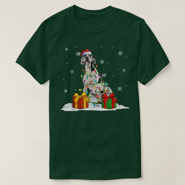 Camiseta Harlequin Gran Danés Árbol de Navidad enciende Nav (Diseño del anverso)