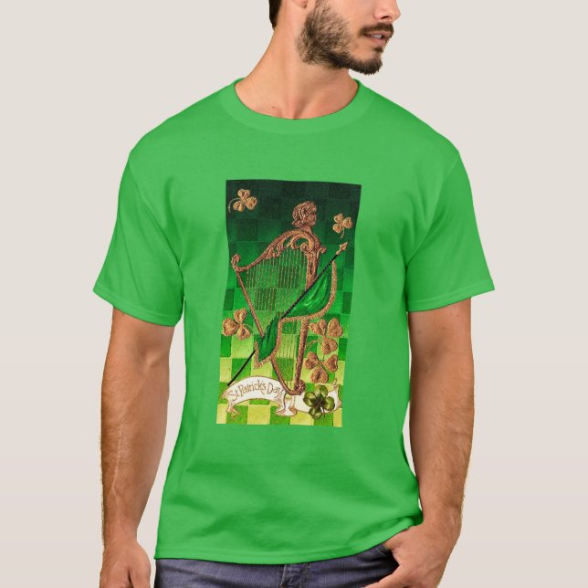 Camiseta HARP IRLANDÉS, VERDE GOLD SHAMROCKS St Patrick's D (Anverso)