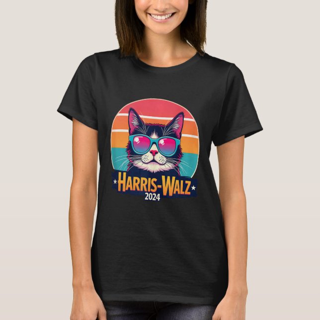 Camiseta Harris Walz 2024 Cat Sungafas Retro Vintage (Anverso)